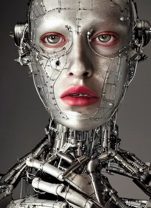 Prompt: close - up portrait human face of beautiful young cybernetic woman, only body metal skin, cyborg, art by tim walker