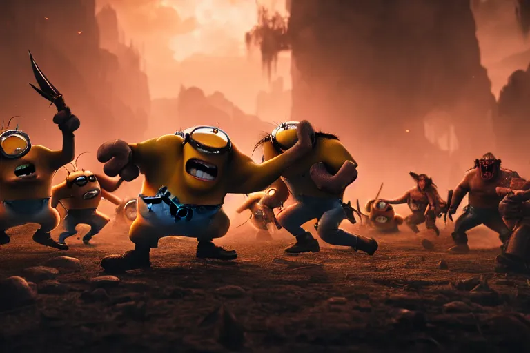 Image similar to a group of minions fighting a group of orcs, setting is bliss wallpaper, realistic, 4 k, detailed, atmospheric, cinematic lighting, octane render, unreal engine render, ray tracing lighting