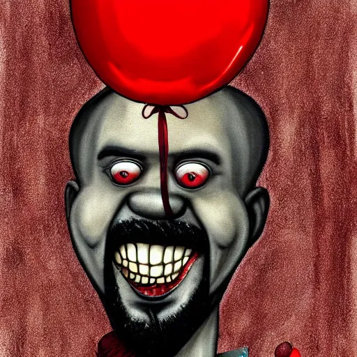 Image similar to grunge painting of kanye with a wide smile and a red balloon by chris leib, loony toons style, pennywise style, corpse bride style, horror theme, detailed, elegant, intricate