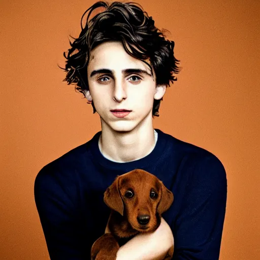 Image similar to timothy chalamet and a puppy, leica s, 5 0 mm lens, kodachrome, 1 9 6 9, shot by platon - h 8 0 4