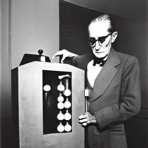 Prompt: underexposed photo of Marcel Duchamp in a room with an ancient chess machine, tri-x, archival pigment print in the style of Hito Steyerl, contemporary art