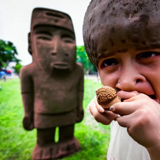 Image similar to a very upset and crying kid holding an ice cream cone but the ice cream is replaced with a small moai statue, 4 k photograph