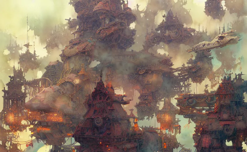 Image similar to airshps fleet, fantasy, steampunk. intricate, amazing composition, colorful watercolor, by ruan jia, by maxfield parrish, by marc simonetti, by hikari shimoda, by robert hubert, by zhang kechun, illustration, gloomy