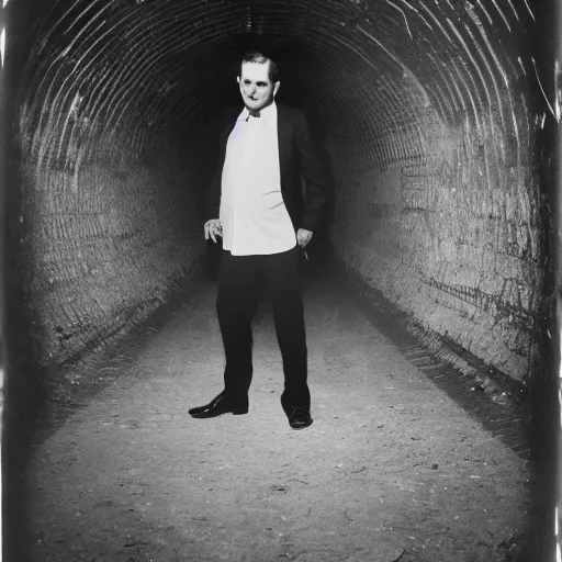 Prompt: daguerrotype of a slim handsome middle-aged vampire in white shirt and black pants sprouting large black bat wings standing in an abandoned English underground tunnel, atmospheric, smoke, blurry image, full body