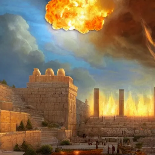 Image similar to a beautiful detailed and realistic matte painting of the ancient Temple of Jerusalem aflame