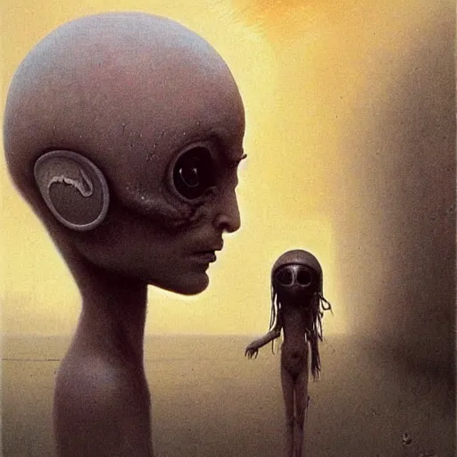 Image similar to cute girl alien meets human boy from Earth by Beksinski