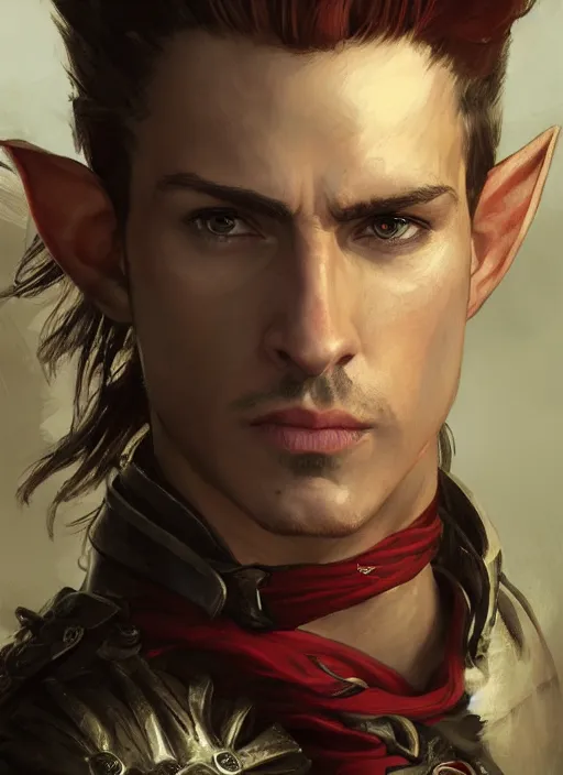 Prompt: medium-length portrait of a male half-elf dashing swashbuckler with a mohawk, fair skin, strong jaw, cocky expression, wears a bright red longcoat, medieval setting, highly detailed, digital painting, artstation, concept art, sharp focus, illustration, art by greg rutkowski and alphonse mucha