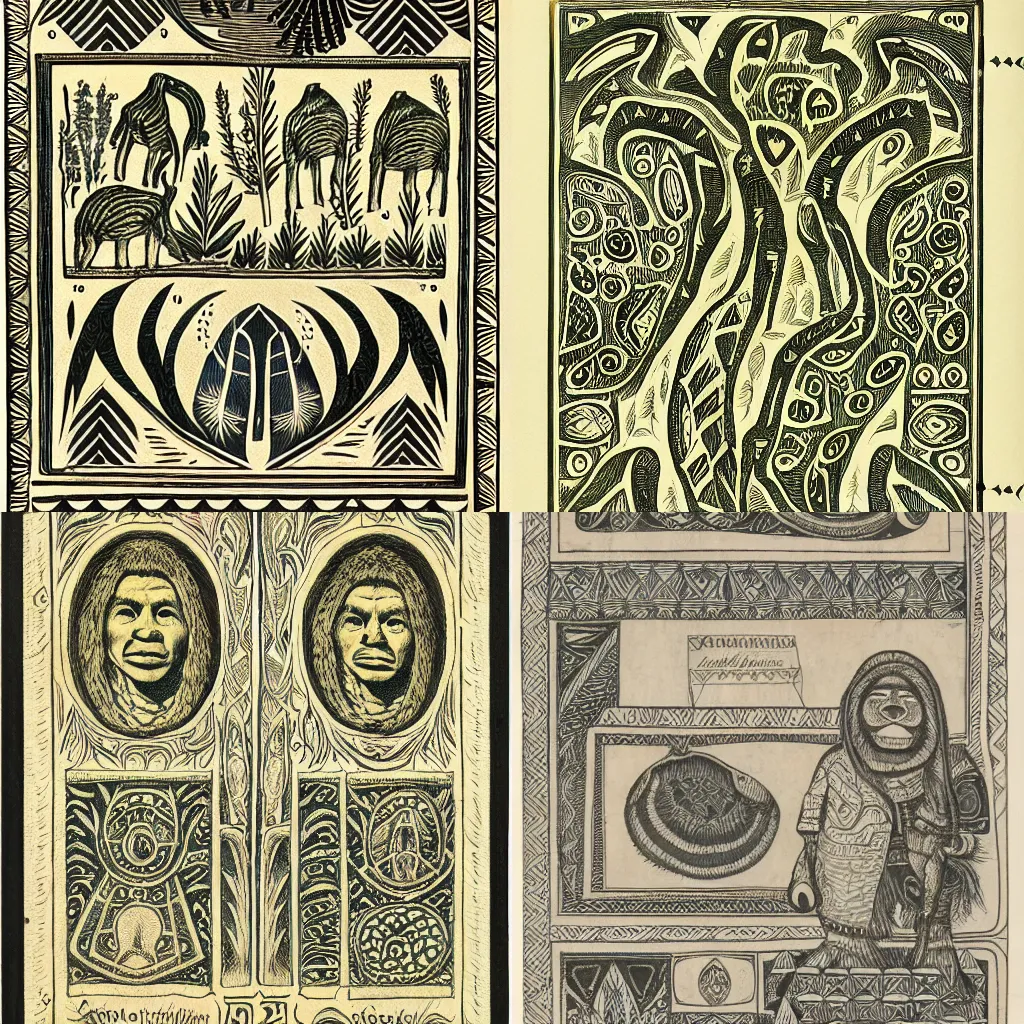 Prompt: a design of a Selknam money bill of 20, engraving and decoration with aboriginal design and illustrations of Patagonian animals and vegetation by gustav dure , with well-defined edges and lines, clear figures, ink, sharp contrast