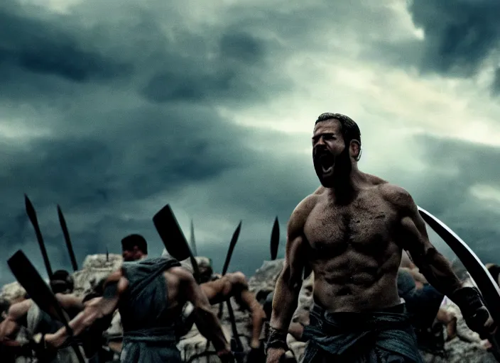 Image similar to cinematic film still of joe biden as leonidas shouting in 3 0 0 movie, 8 k, epic moody sky, dramatic lighting