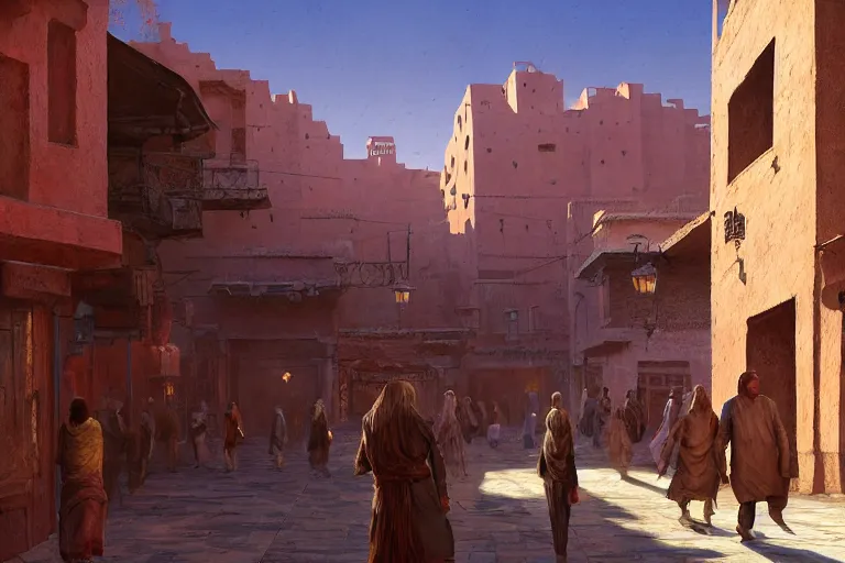 Image similar to low angle in the middle of a adobe house kasbah town, mud and brick houses, merchant street, pueblo dense architecture, colorful crowd. Huge persian temple in a plaza, round roof. Scenic view at night, underexposed, clean horizon, matte painting by craig mullins and dan mumford, dark fantasy, style of game of thrones, concept art trending on artstation, 4k, insane details