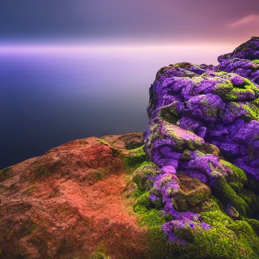 Prompt: cliff landscape with violet ocean, 8 k, moody, purple water, intense color, highly detailed, dream landscape, violet fog, wide, high color saturation,