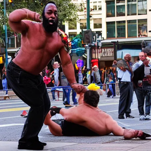 Image similar to mr. t street performer body slamming old man, detailed facial expressions