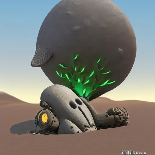 Image similar to crashed burning UFO flying saucer with a sad Roswell grey alien trying to repair his crashed burning spacecraft in the desert, crashed UFO, crashed Flying Saucer, cactus and rocks in the background, dusk, featured on zbrush central, hurufiyya, zbrush, polycount, airbrush art