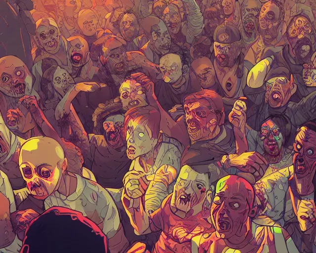 Prompt: a study of cell shaded cartoon of zombies raving in a nightclub, illustration, wide shot, subtle colors, post grunge, concept art by josan gonzales and wlop, by james jean, Victo ngai, David Rubín, Mike Mignola, Laurie Greasley, highly detailed, sharp focus, alien, Trending on Artstation, HQ, deviantart, art by artgem