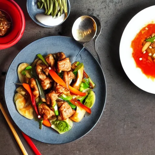 Image similar to anonymous man eats meal at home of thai sweet and sour pork stirfry