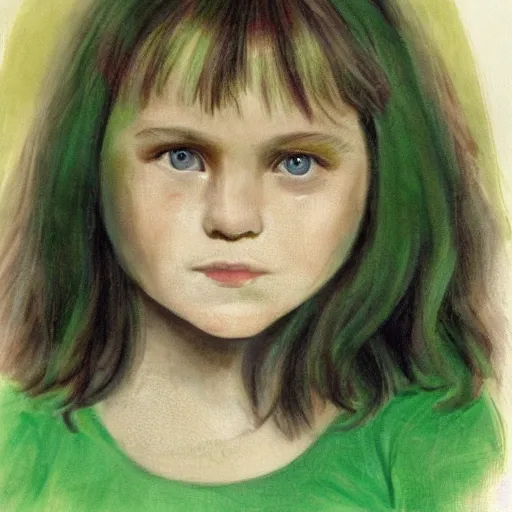 Prompt: portrait of missy, a young girl with long dark hair, green eyes and green hair