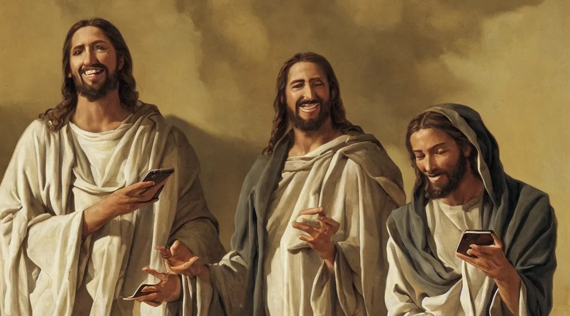 Prompt: portrait of jesus laughin because see a meme in him cellphone, no letters