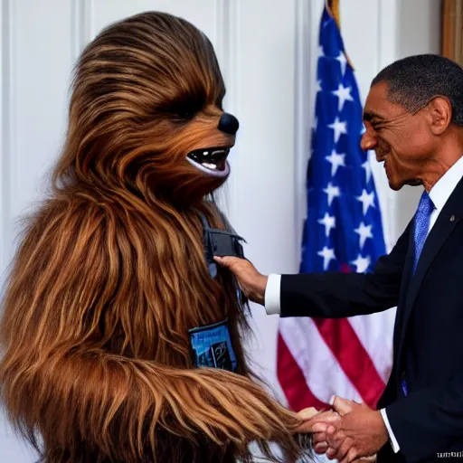 Prompt: high quality photo of chewbacca meeting the president of the united states of america , realism, 8k, award winning photo