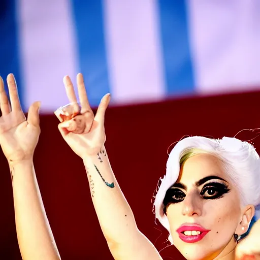 Image similar to Lady Gaga presidente of Argentina, Argentina flag behind, bokeh, detailed, hd, waving hands