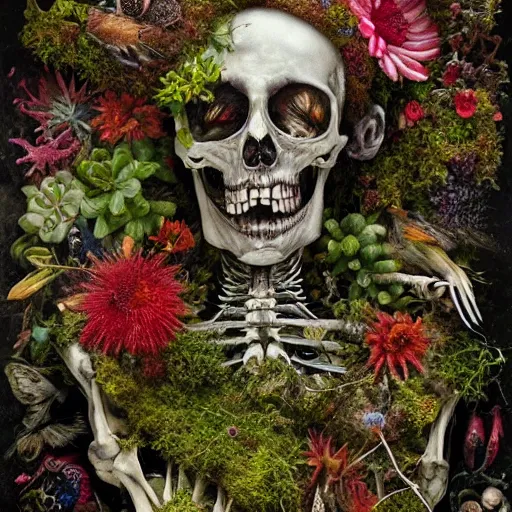 Prompt: 'Life from death' A horrifyingly detailed aesthetic horror figure painting depicting 'A mossy glass skeleton with plants and flowers growing all over it, birds and insects flying all around it' by giuseppe arcimboldo and Rembrandt, Trending on cgsociety artstation, 8k, masterpiece, cinematic lighting, highly detailed, vibrant colors.