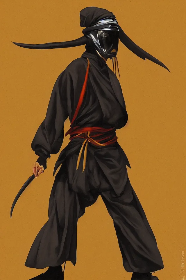 Image similar to sfumato renaissance oil painting of a ninja shaman, modern minimal isei miyake outfit, in the style of syd mead, jeremy cowart, concept art