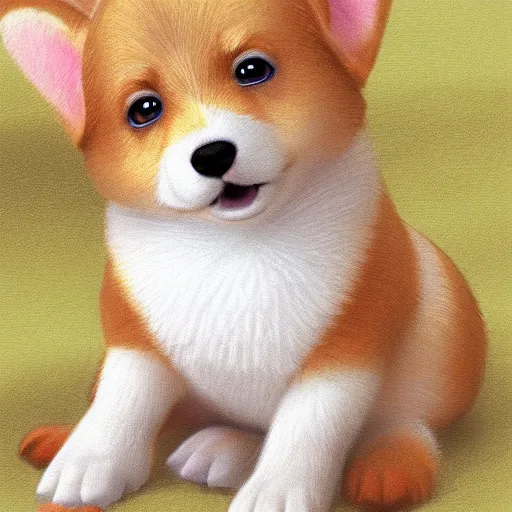 Prompt: angelic corgi puppy in heaven, adorable, cute, dreamy, soft focus, extremely realistic, very lifelike, highly detailed, beautiful digital illustration by artgerm, moebius, trending on artstation, 8 k