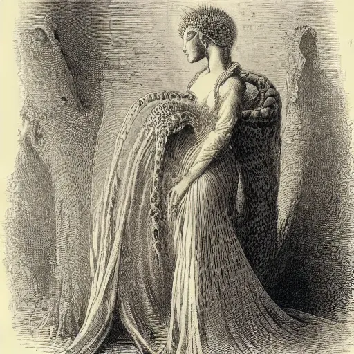 Prompt: young woman with multiple python heads, Engraving by Gustave Doré