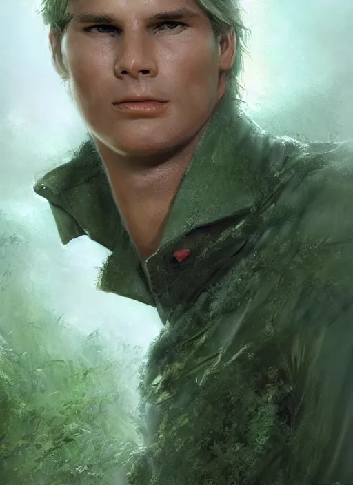 Image similar to portrait of a young richard dean anderson wearing a green combat uniform, in a post appocalyptic city overgrown by plants, by wlop, by luis royo, by greg rutkowski, cover illustration, concept art, volumetric lighting, volumetric atmosphere, sharp focus, octane render, trending on artstation, 8 k