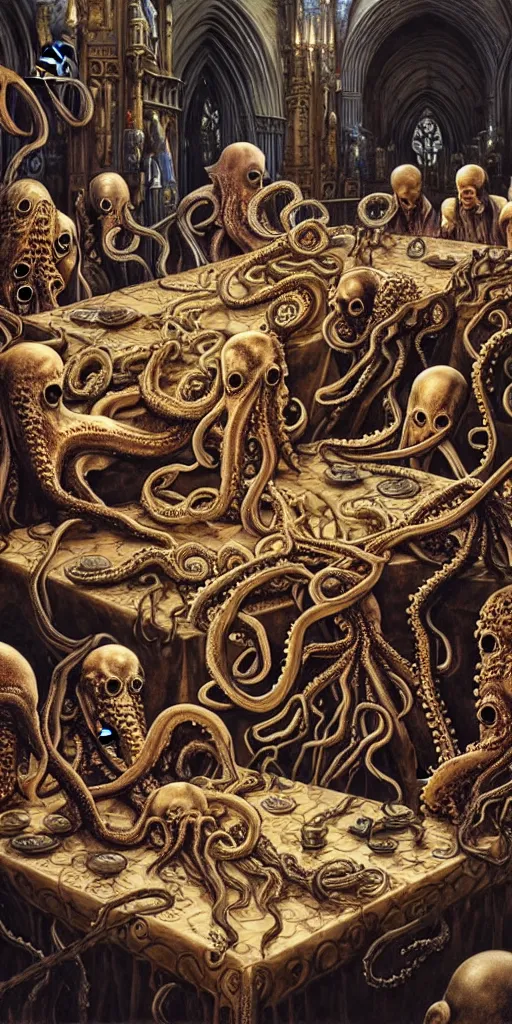 Image similar to group of mages with human bodies and octopus heads sitting near the table with magical artifacts in an ancient mage castle with enormous scale, gothic and baroque, brutalist architecture, ultradetailed, Intricate by John Howe and Josan Gonzalez and James Jean and Giuseppe Arcimboldo