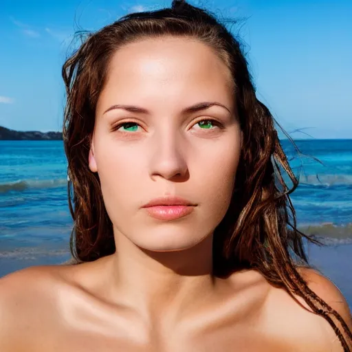 Image similar to a portrait of a beautiful woman relax on the beach, symmetrical face, beautiful eyes