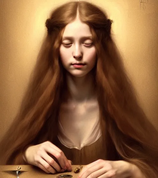 Image similar to portrait of a beautiful long - haired woman sitting upon a table with heightened detail, detailed facial expression, detailed surroundings, elegant, highly detailed, centered, digital painting, artstation, concept art, smooth, sharp focus, illustration, by ( leonardo da vinci ), wlop