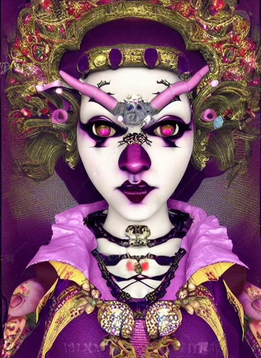 Prompt: baroque bedazzled gothic royalty frames surrounding a pixelsort emo demonic horrorcore japanese jester harlequin doll, low quality sharpened graphics, remastered chromatic aberration