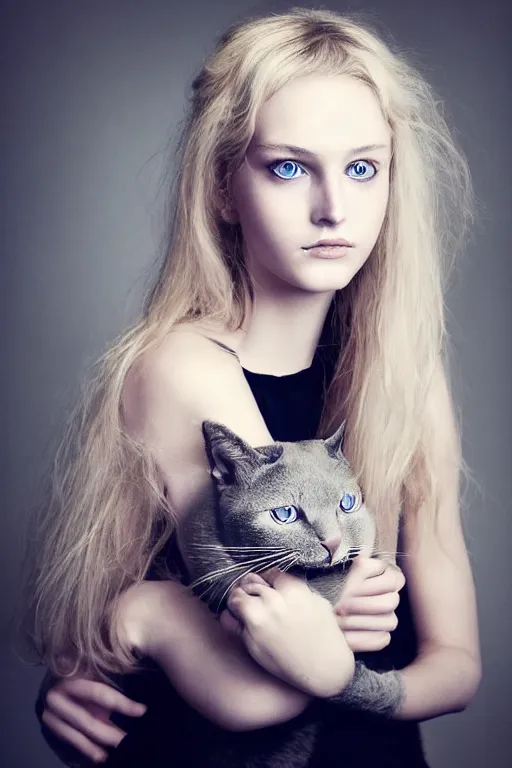 Image similar to photo realistic portrait of a blonde hair blue eyed teenage girl, sharp jawline seductive pose, Teary-eyed, makeup with a cat's companion on her side. Photography portrait by Paolo Roversi