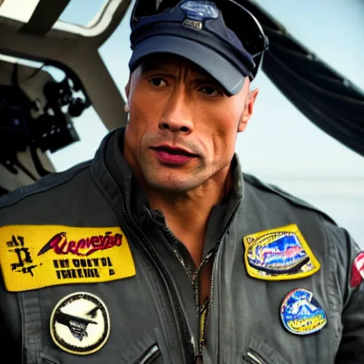 Prompt: Dwayne Johnson as pilot in Top Gun, FA-18 hornet, cockpit, promo shoot, studio lighting