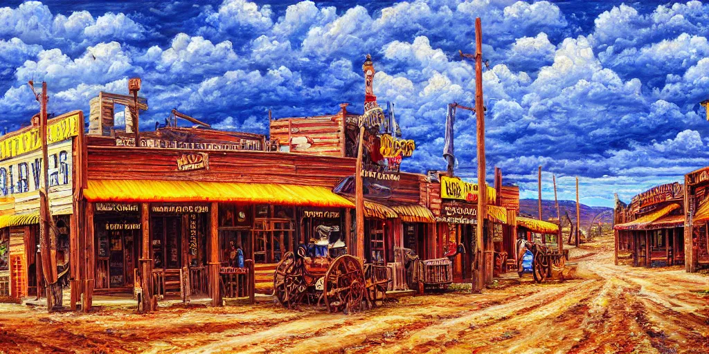 Prompt: oil painting of wild west town, western, old west, vivid colors, warm colors, high production value, intricate details, high resolution, hyperrealistic, hdr, high definition, masterpiece, ultra realistic, highly detailed, hd, sharp focus, non blurry, sharp, smooth