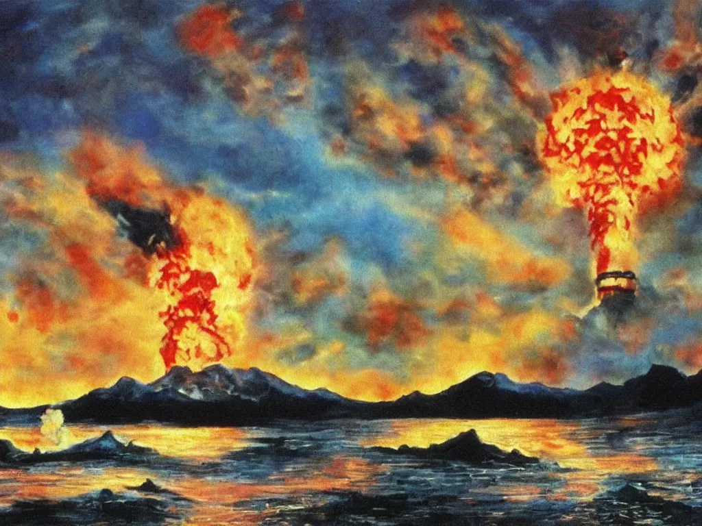 Image similar to bob ross painting of a nuclear holocaust