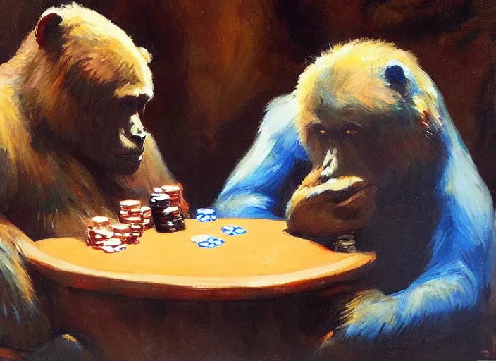 Prompt: one gorrila, one bear!!, playing poker, highly detailed beautiful, by gregory manchess, james gurney, james jean