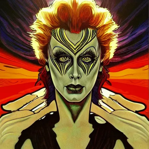 Image similar to tim curry as ziggy stardust, smooth, sharp focus, intricate, elegant, artgerm, alphonse mucha, trending on deviantart