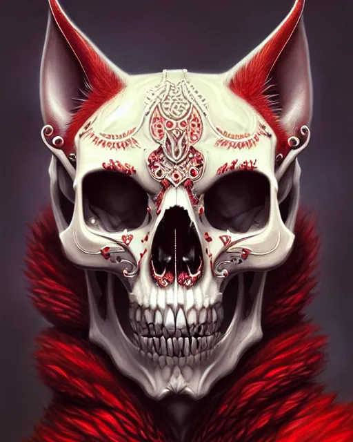 Prompt: stunning god of feline skull portrait, skull, furry, crimson, fantasy, intricate, elegant, highly detailed, digital painting, artstation, concept art, smooth, sharp focus, illustration, art by afshar petros and krenz cushart and artem demura and tony sandoval