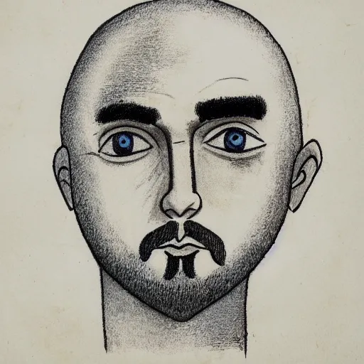 Prompt: portrait of bald short - bearded man with round face, small eyebrows and kind blue eyes, minimalictic black and white art brut, ink, pencil