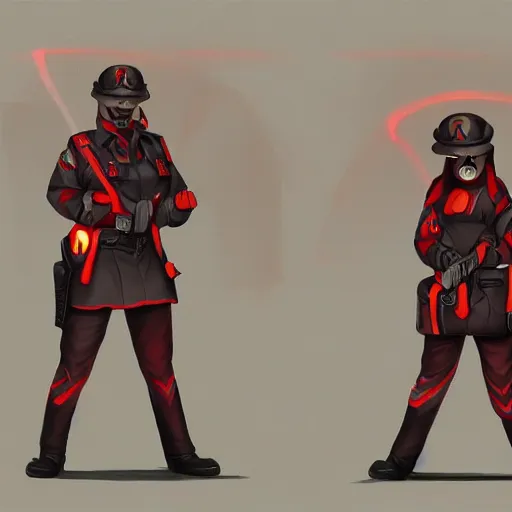 Prompt: possessed skin security officers beige uniform and caps glowing red skin trending on artstation high detail digital painting