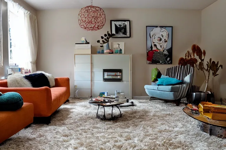 Prompt: a cloud hovering in the middle of a retro 1970s living room with shag carpet and vintage decor