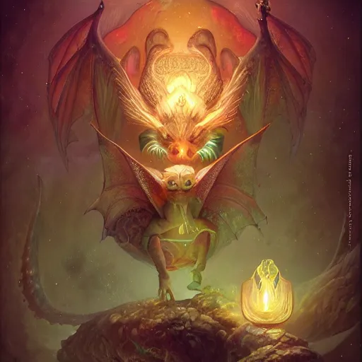 Image similar to a hyperrealistic illustration of a cute and tiny dragon that glows in the dark, dragon baby, glow in the dark, fractal moonlight, little dragon with glowing scales, award - winning, masterpiece, in the style of tom bagshaw, cedric peyravernay, peter mohrbacher