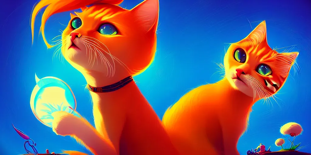 Image similar to curved perspective, extreme narrow, extreme fisheye, digital art of a female cat with ginger hairstyle with blue flower in her hair by anton fadeev from nightmare before christmas