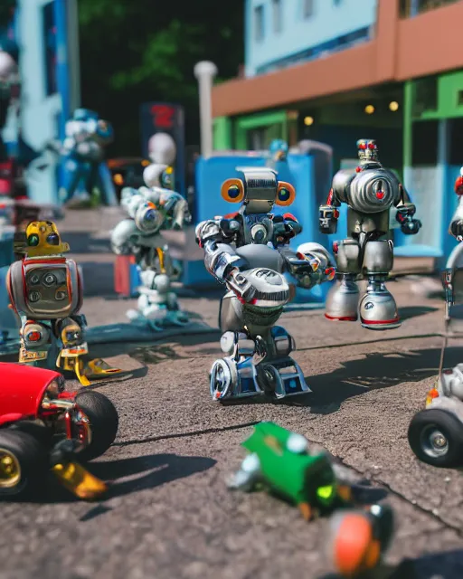 Image similar to high quality presentation photo of a a detailed miniature diorama of retro toy robots invading a detailed model of a 1950s town, photography 4k, f1.8 anamorphic, bokeh, 4k, Canon, Nikon