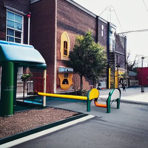 Prompt: “a street corner with a childrens playground and a building across the street”