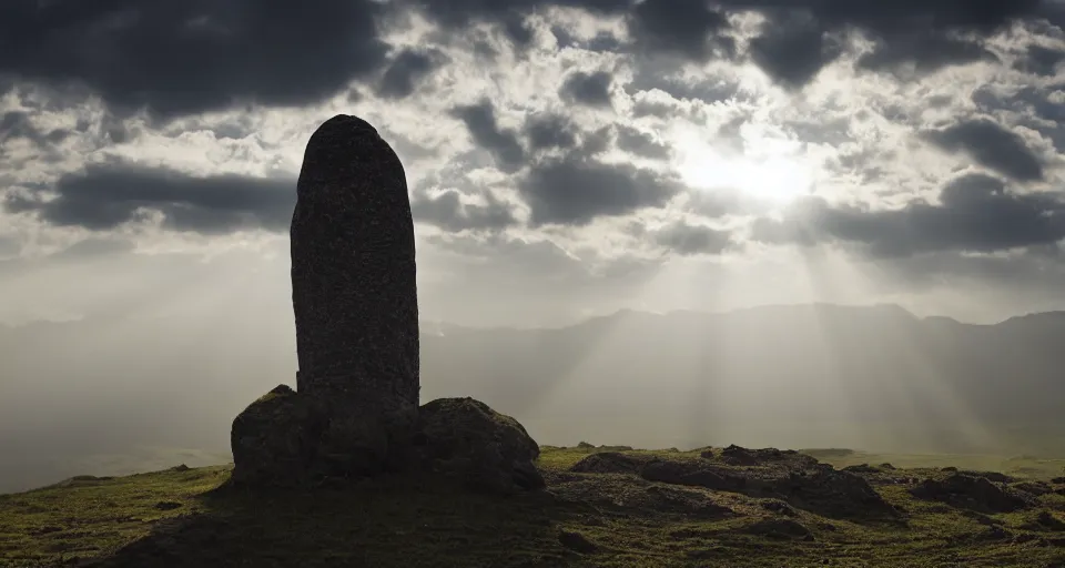 Prompt: landscape photo showing a huge hand made of stone in the background, dramatic lighting, hazy atmosphere, god rays