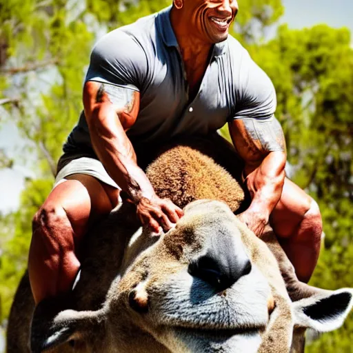 Image similar to dwayne johnson riding on the back of a kangaroo, he is wearing a safari outfit and a pith hat, studio photography, 8 k