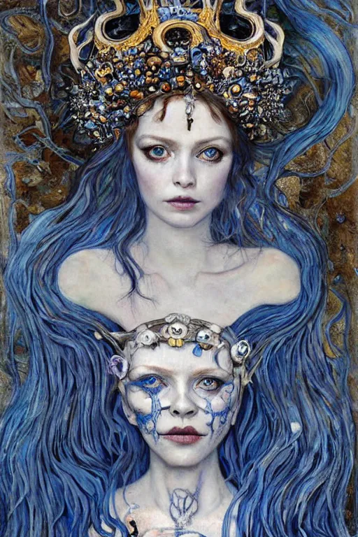 Image similar to The Princess of Bones by Karol Bak, Jean Deville, Gustav Klimt, and Vincent Van Gogh, portrait of a porcelain princess wearing a crown, porcelain ball-joint doll face with blue painted tattoos, pale blue eyes, hair made of shimmering ghosts, mystic eye, otherworldly, crown made of bones, ornate jeweled crown, skulls, fractal structures, arcane, inscribed runes, infernal relics, ornate gilded medieval icon, third eye, spirals