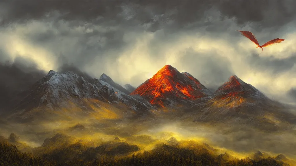 Prompt: a cinematic landscape photograph of a mountains peak in the clouds, a fiery dragon flys in the sky, thunder and lightning, lee madgwick